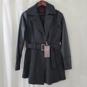 Yoki Black Wool Coat with Faux Leather Sleeves & Belted Waist Women's Size S